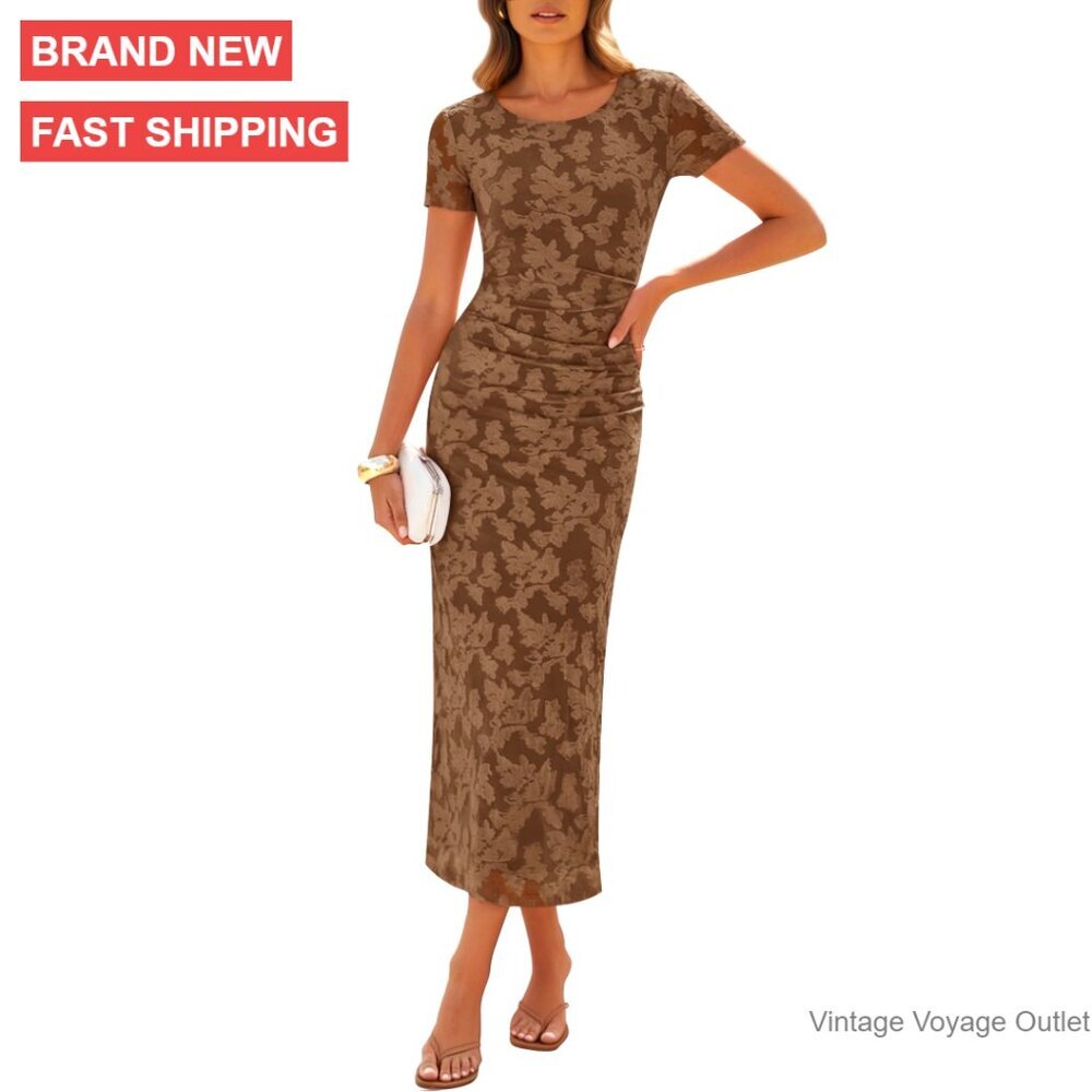 Floral Mesh Midi Dress, Ruched Bodycon, Summer Wedding Guest Cocktail Party